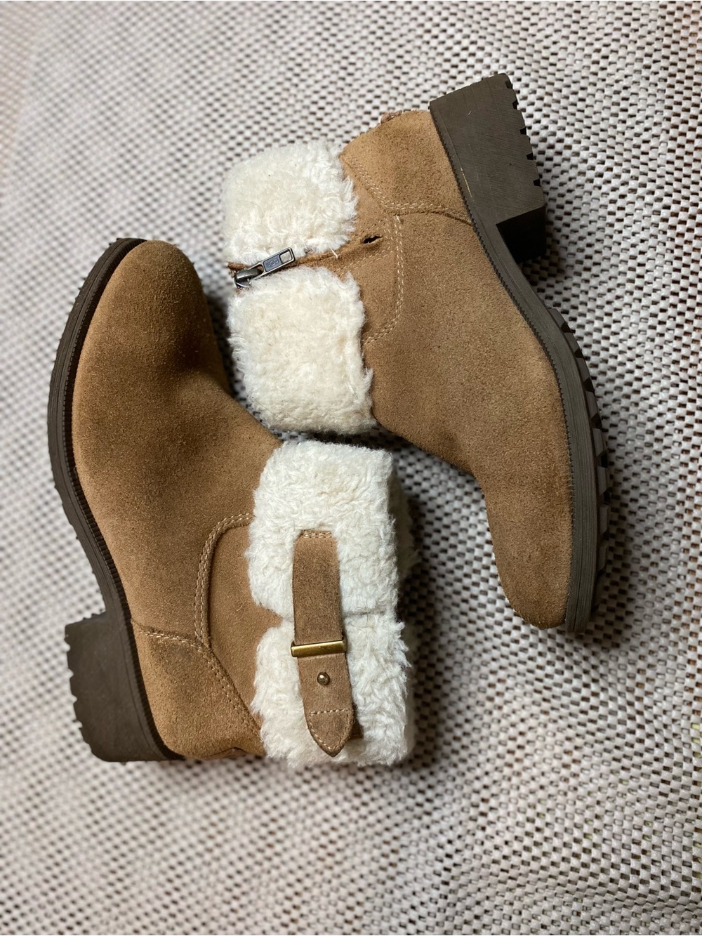 UGG Chestnut Suede Ankle Heeled Boots with Cream Shearling Cuff